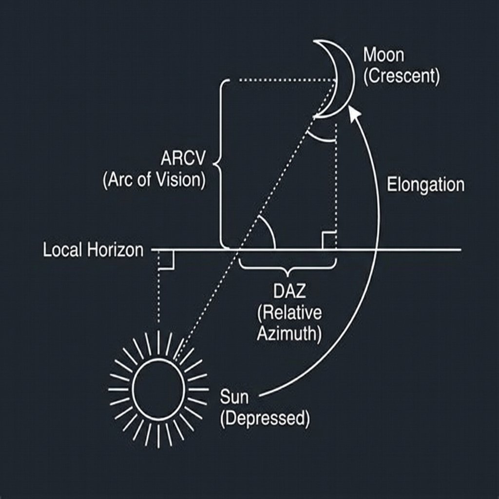 Diagram of the Sun below the horizon, the crescent Moon above it, and the arc of vision, elongation and relative azimuth between them